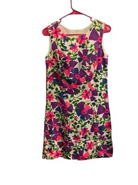 Vintage 60s 70s white purple pink floral barkcloth Mod shift dress dopamine